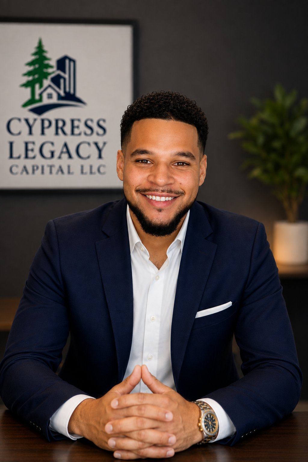 Christopher Carnahan, Founder and CEO of Cypress Legacy Capital LLC, in dark blazer and white shirt with company logo in the background